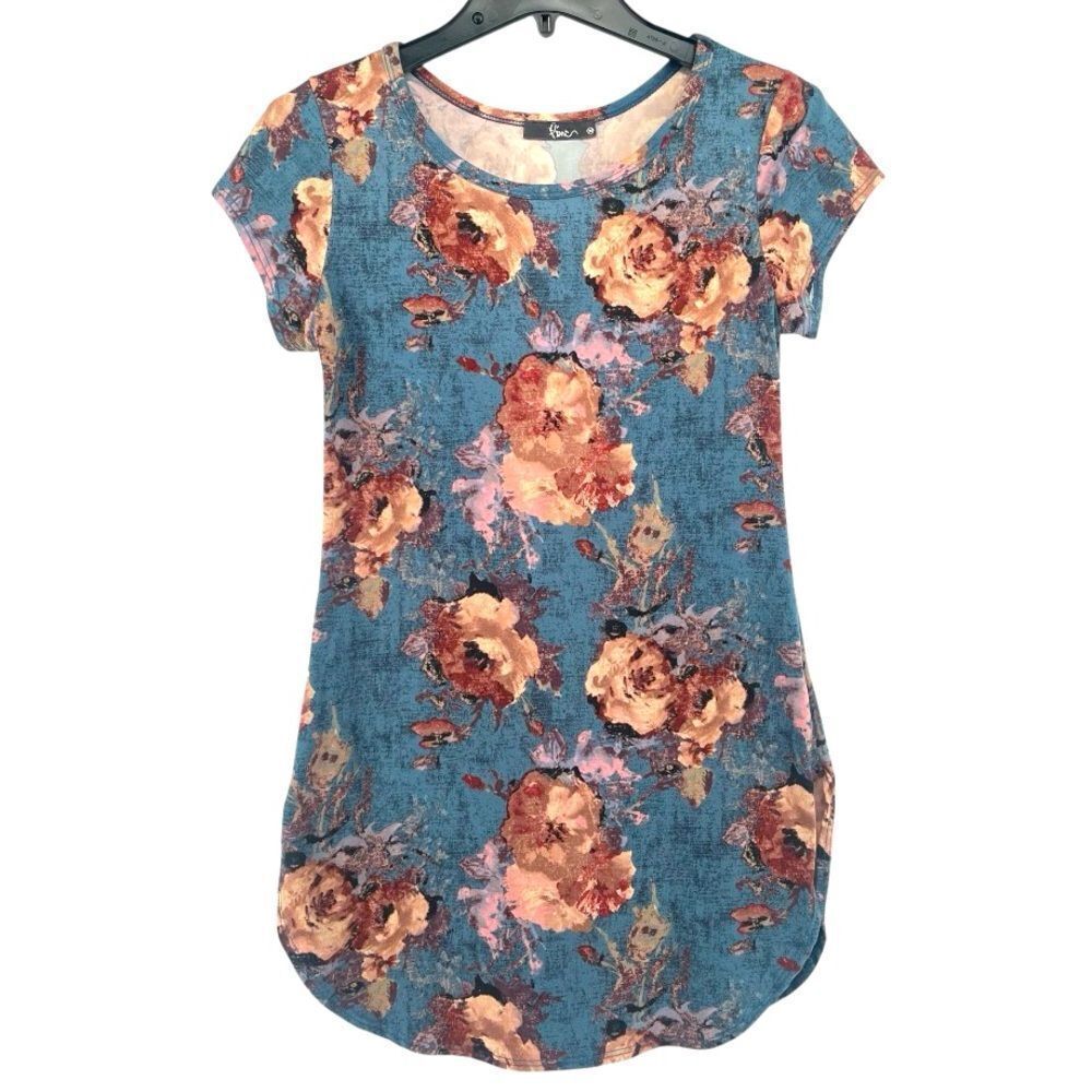 Pine Blue Pink Floral Tunic Top Medium Cottagecore Boho Romantic Y2K Style